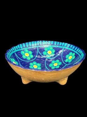 Vintage Mexican Talavera Folk Art Pottery Footed Bowl Salsa 6"